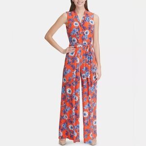 Tommy Hilfiger Delphos Garden Jersey Jumpsuit Stretch Orange Floral Wide Leg 12